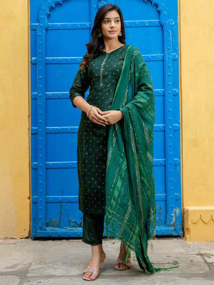 Image of Green Viscose Silk Handwoven Party Wedding Festival Casual Ready Pant Salwar Kameez