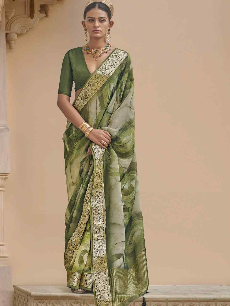 Green Viscose Silk With Shimmer Handwoven Festival Wedding Fancy Heavy Border Saree