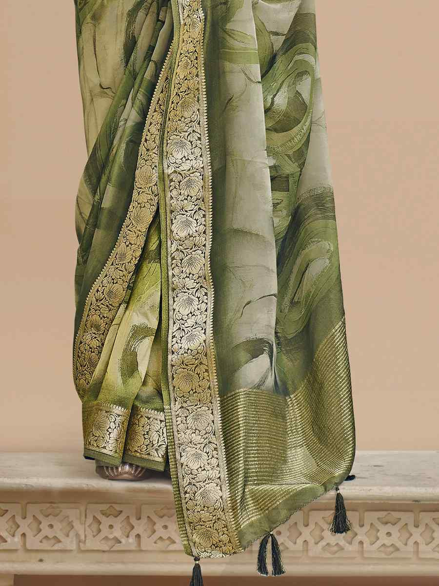 Green Viscose Silk With Shimmer Handwoven Festival Wedding Fancy Heavy Border Saree