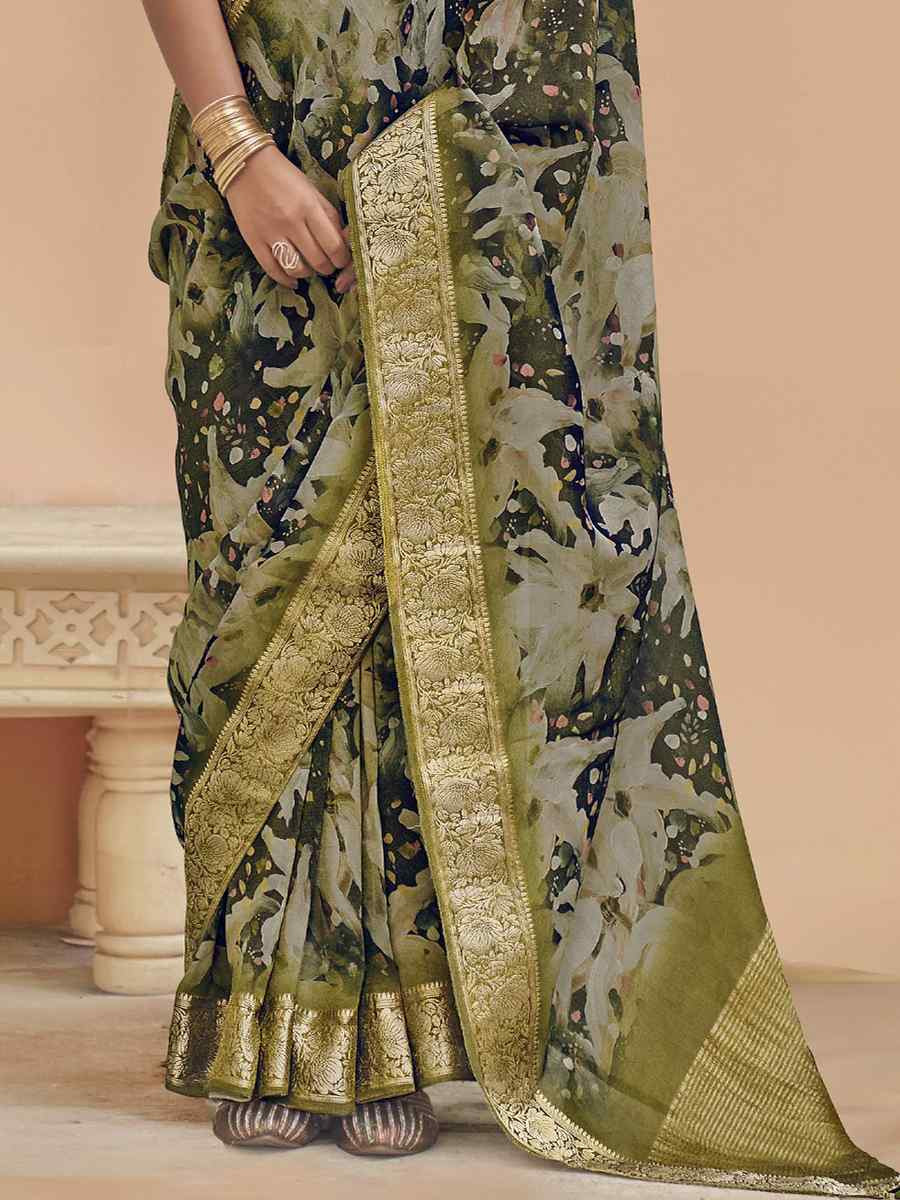 Green Viscose Silk With Shimmer Handwoven Festival Wedding Fancy Heavy Border Saree