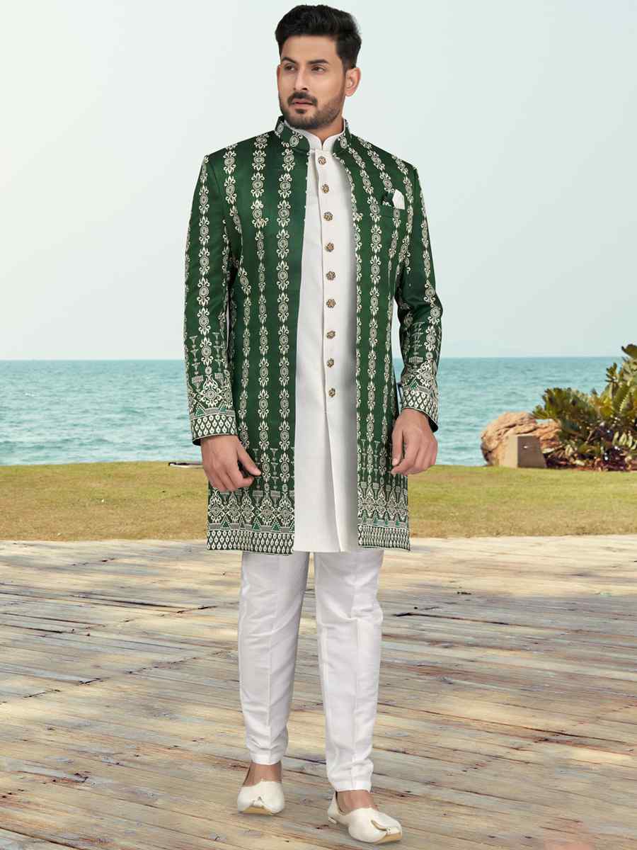 Green White Banarasi Silk Embroidered Wedding Festival Sherwani