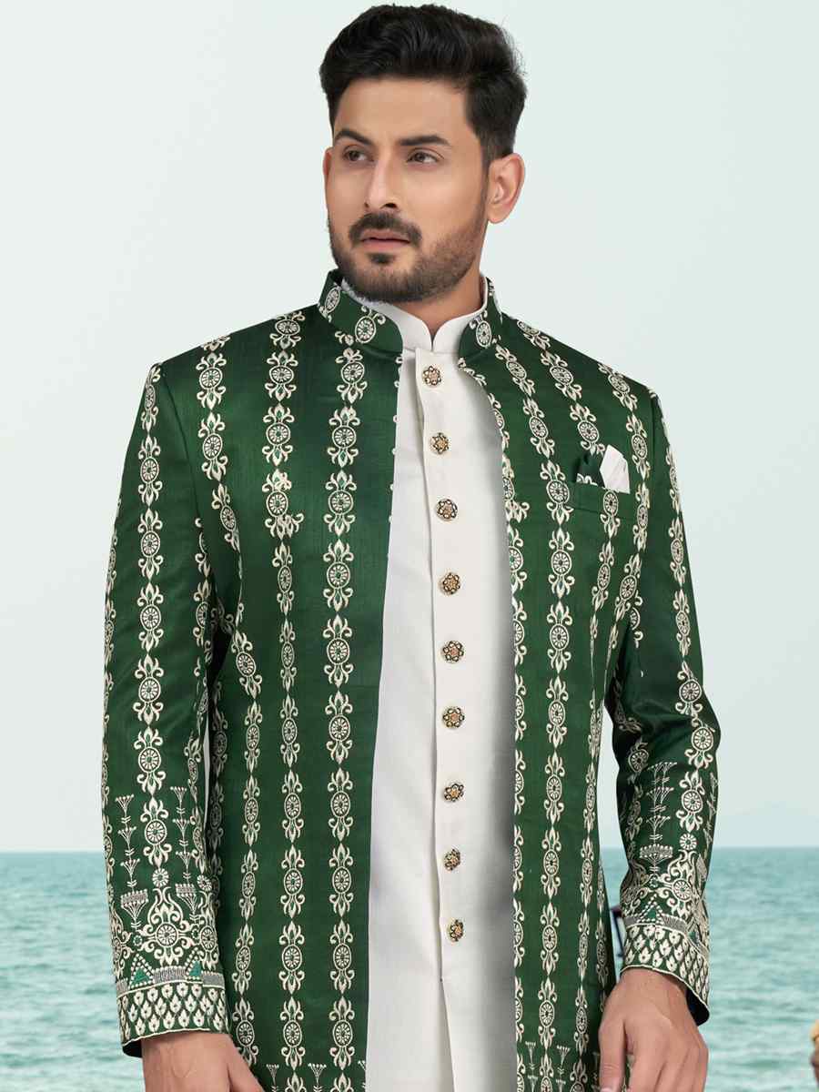 Green White Banarasi Silk Embroidered Wedding Festival Sherwani