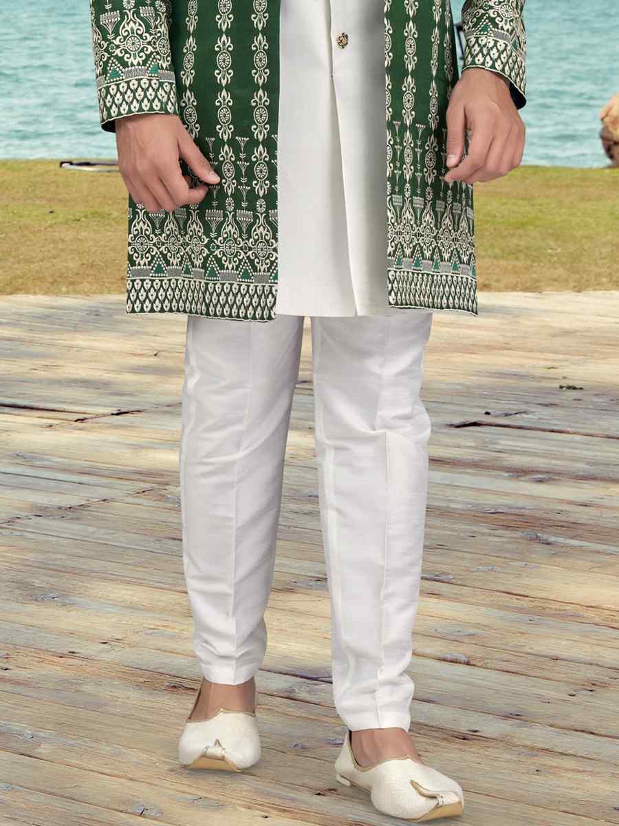 Green White Banarasi Silk Embroidered Wedding Festival Sherwani