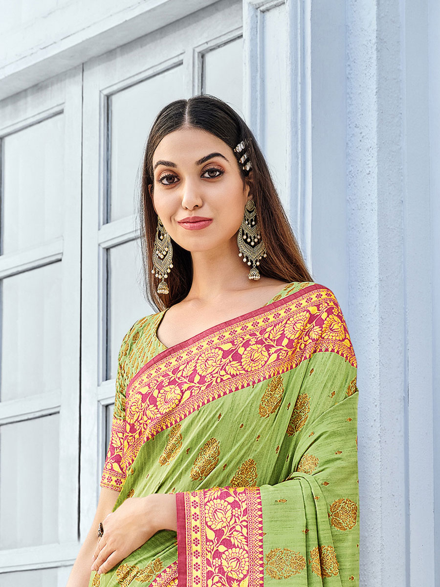 Green Yellow Cotton Handwoven Festival Saree