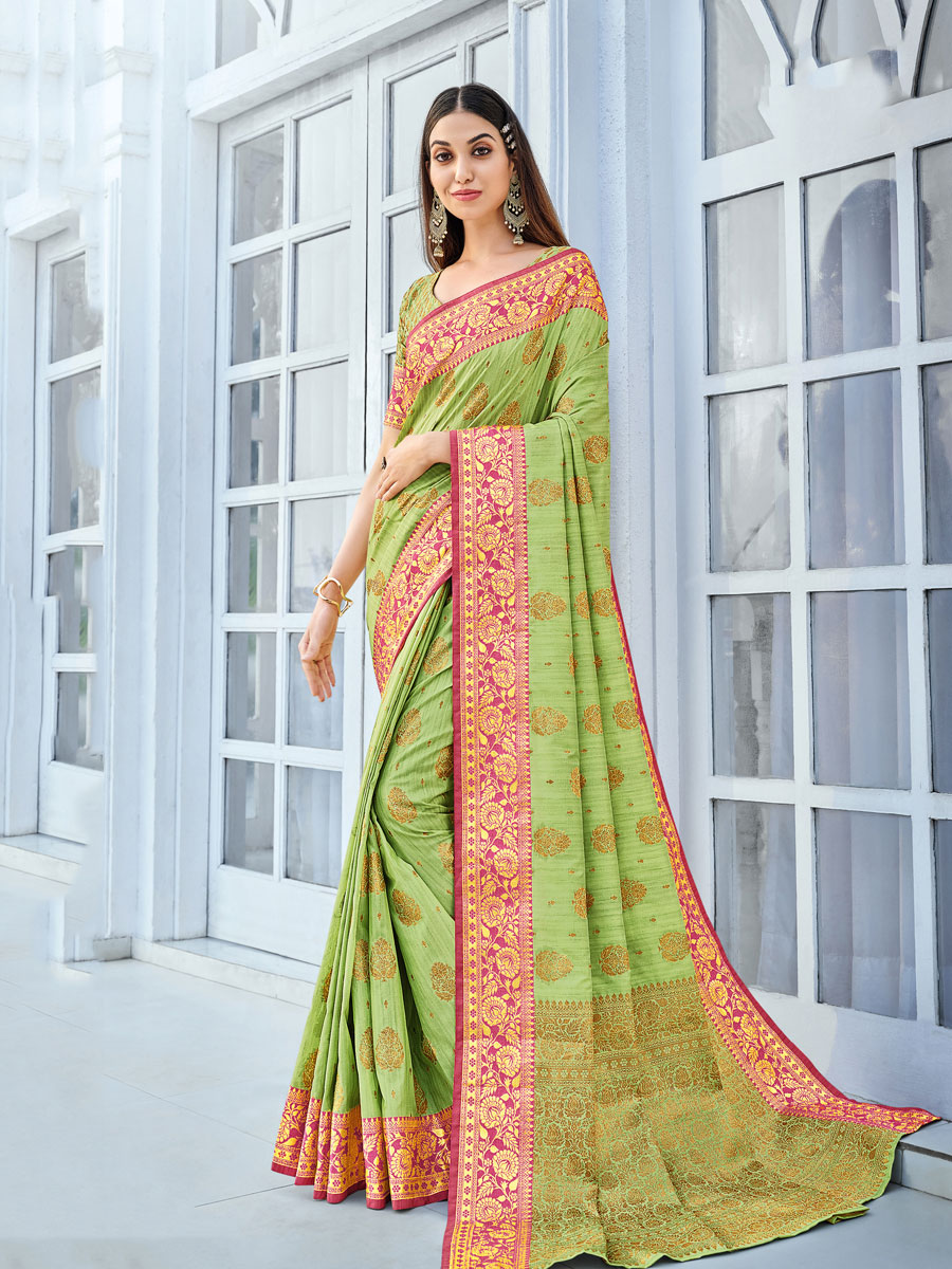 Green Yellow Cotton Handwoven Festival Saree