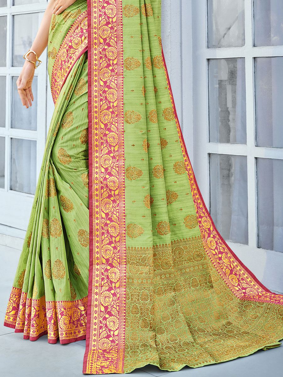 Green Yellow Cotton Handwoven Festival Saree