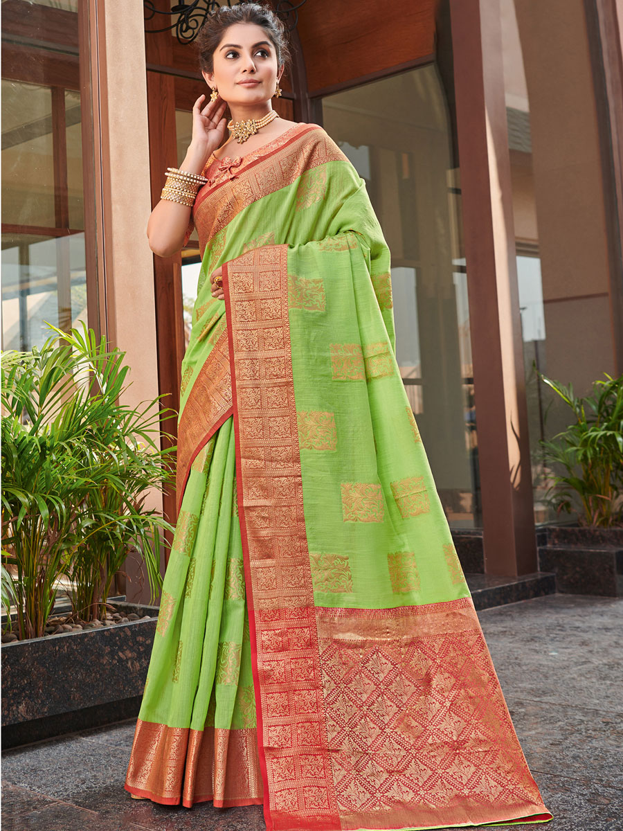 Green Yellow Linen Handwoven Festival Saree