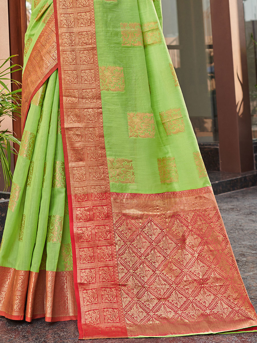 Green Yellow Linen Handwoven Festival Saree