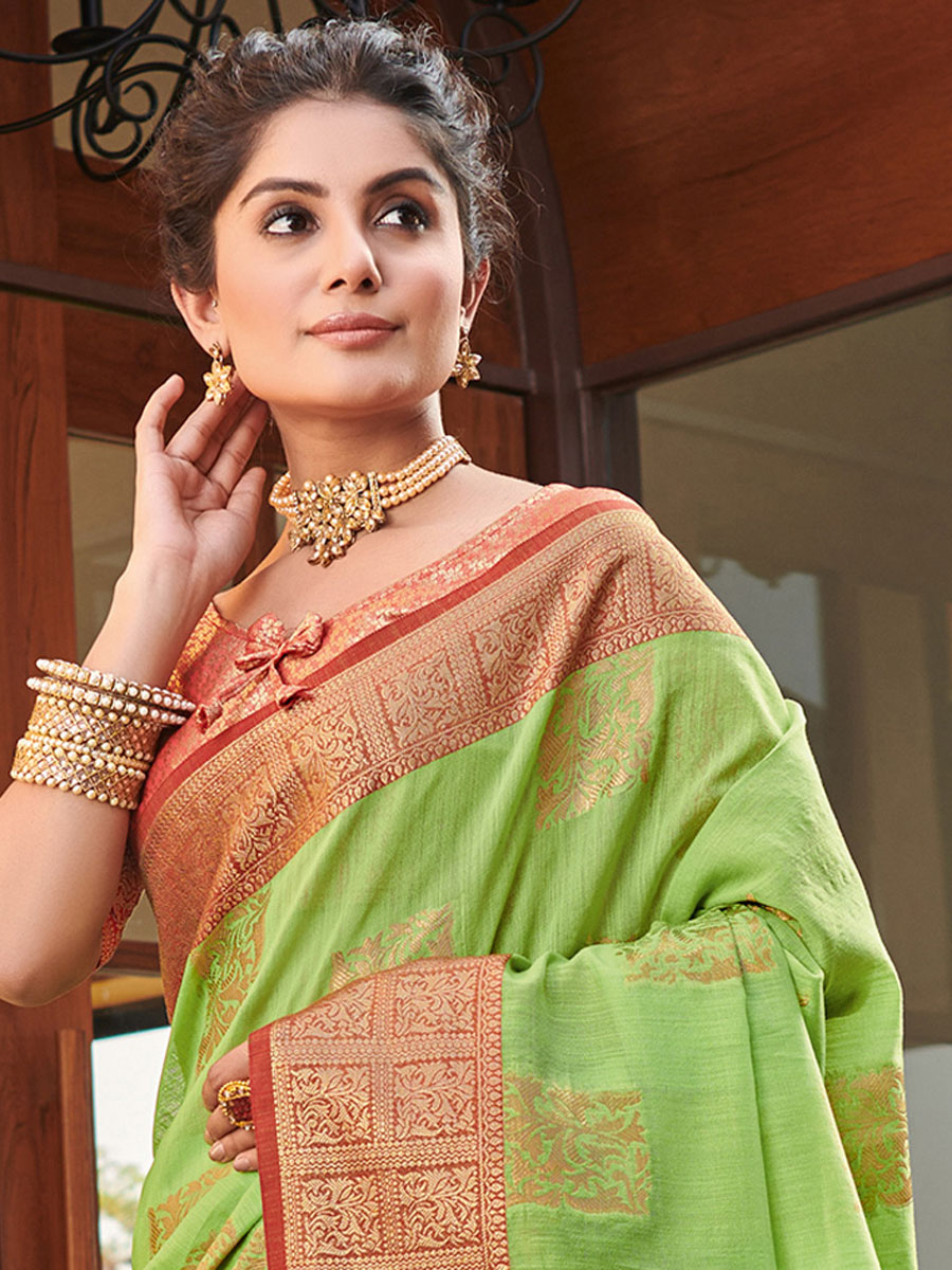 Green Yellow Linen Handwoven Festival Saree