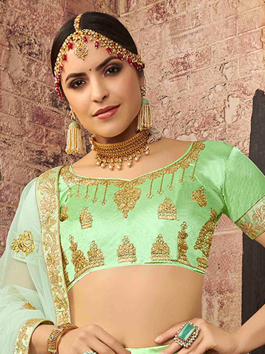 Green Yellow Silk Embroidered Party Lehenga Choli