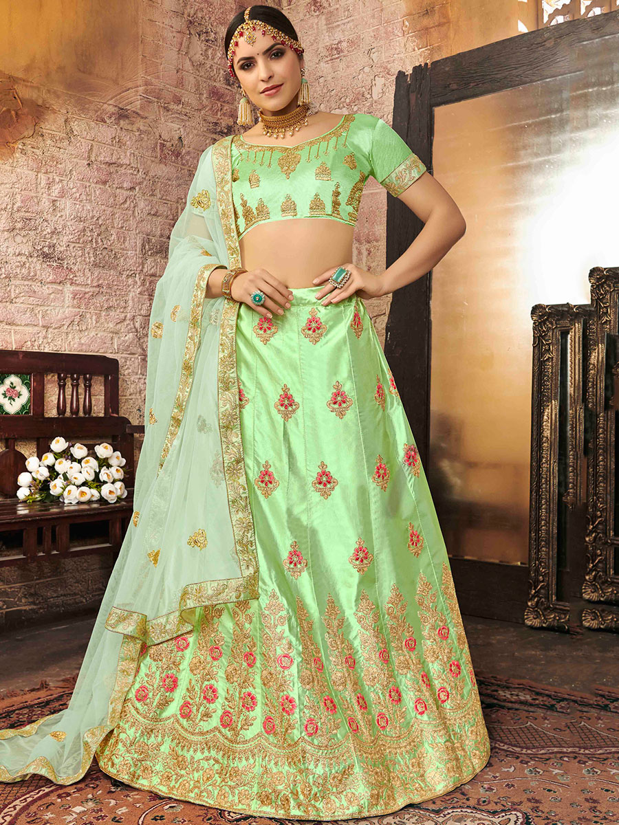 Green Yellow Silk Embroidered Party Lehenga Choli