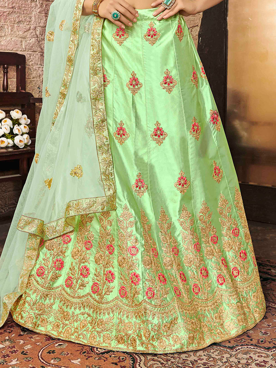 Green Yellow Silk Embroidered Party Lehenga Choli