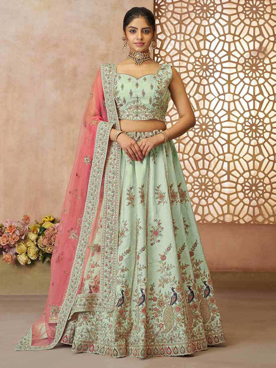 Green Zari Silk Embroidered Wedding Bridesmaid Heavy Border Lehenga Choli