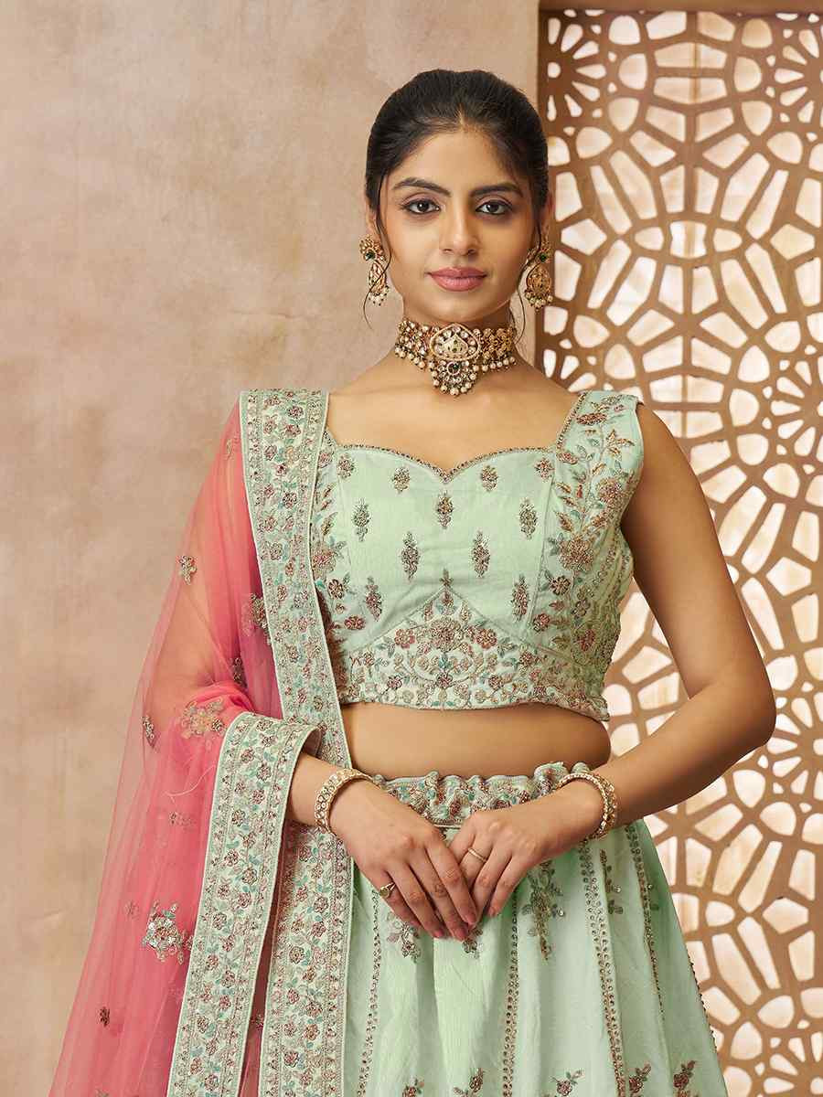 Green Zari Silk Embroidered Wedding Bridesmaid Heavy Border Lehenga Choli
