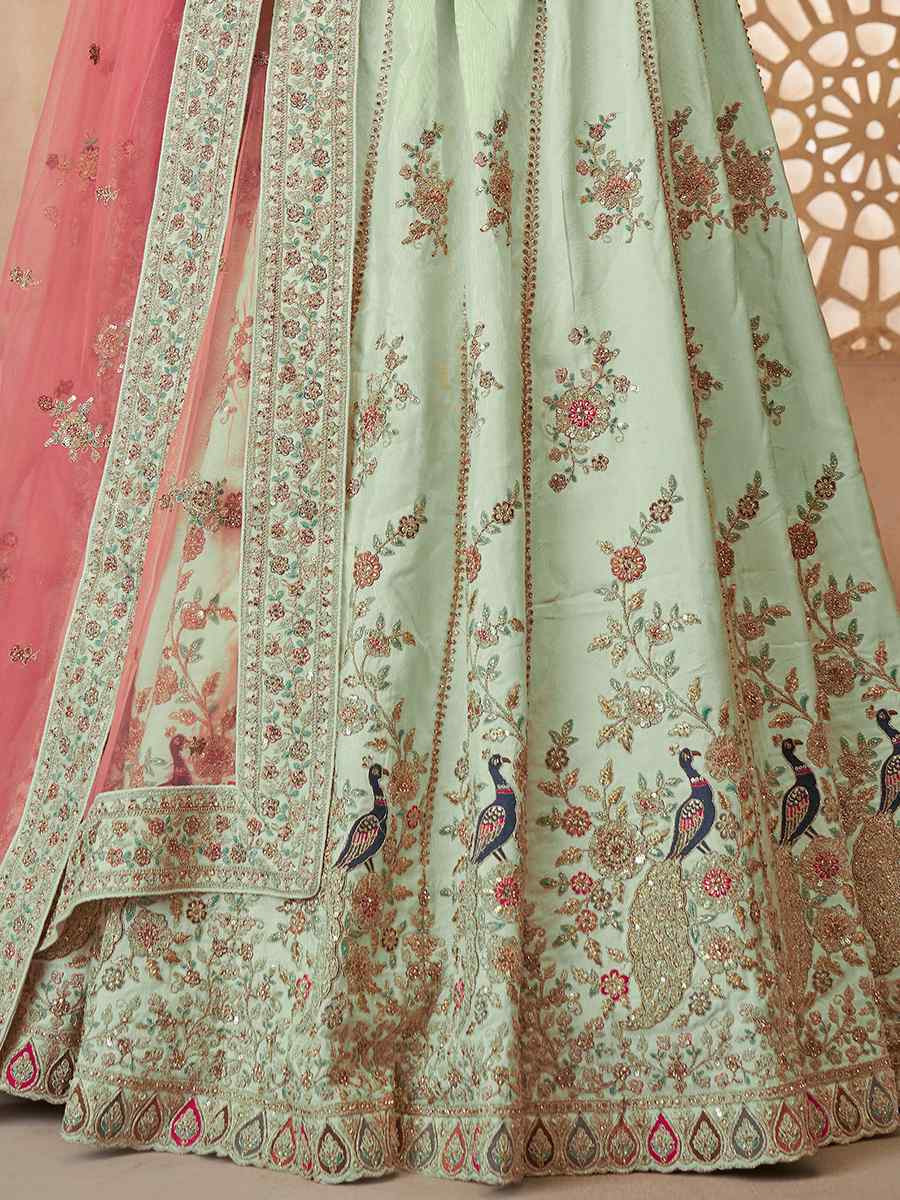 Green Zari Silk Embroidered Wedding Bridesmaid Heavy Border Lehenga Choli