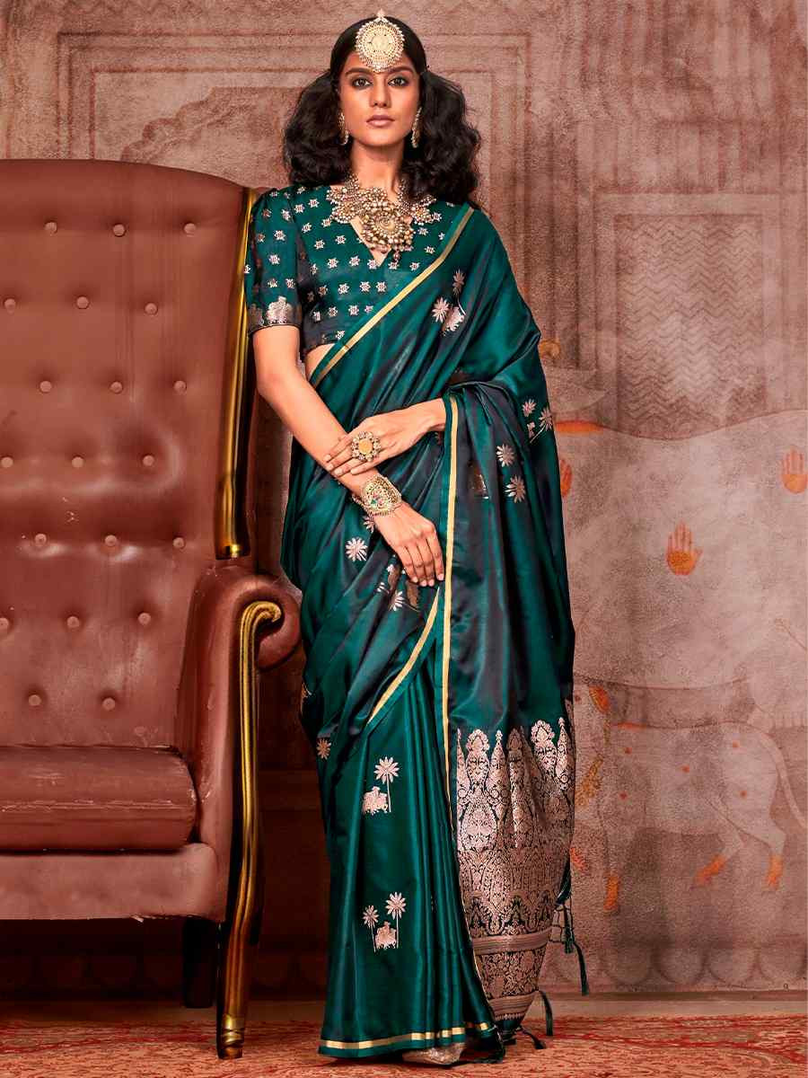 Green Zari Tissue Handwoven Festival Wedding Heavy Border Saree