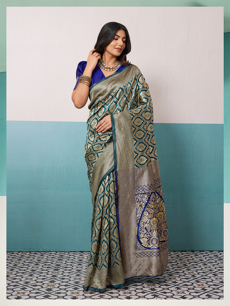 Greenish Blue Banarasi Silk Zari Kanjivaram Handwoven Wedding Party Festival Reception Heavy Border Saree