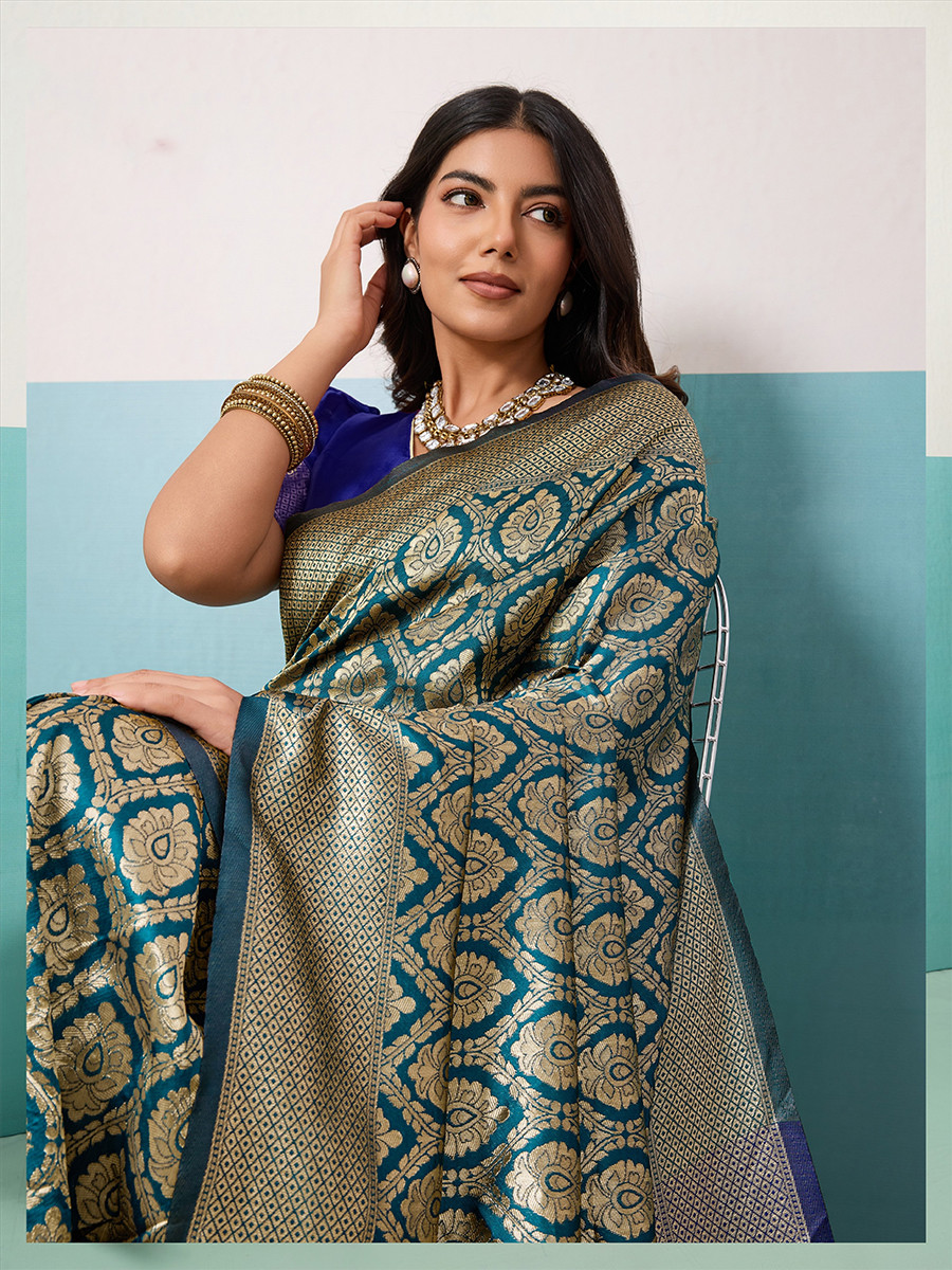 Greenish Blue Banarasi Silk Zari Kanjivaram Handwoven Wedding Party Festival Reception Heavy Border Saree
