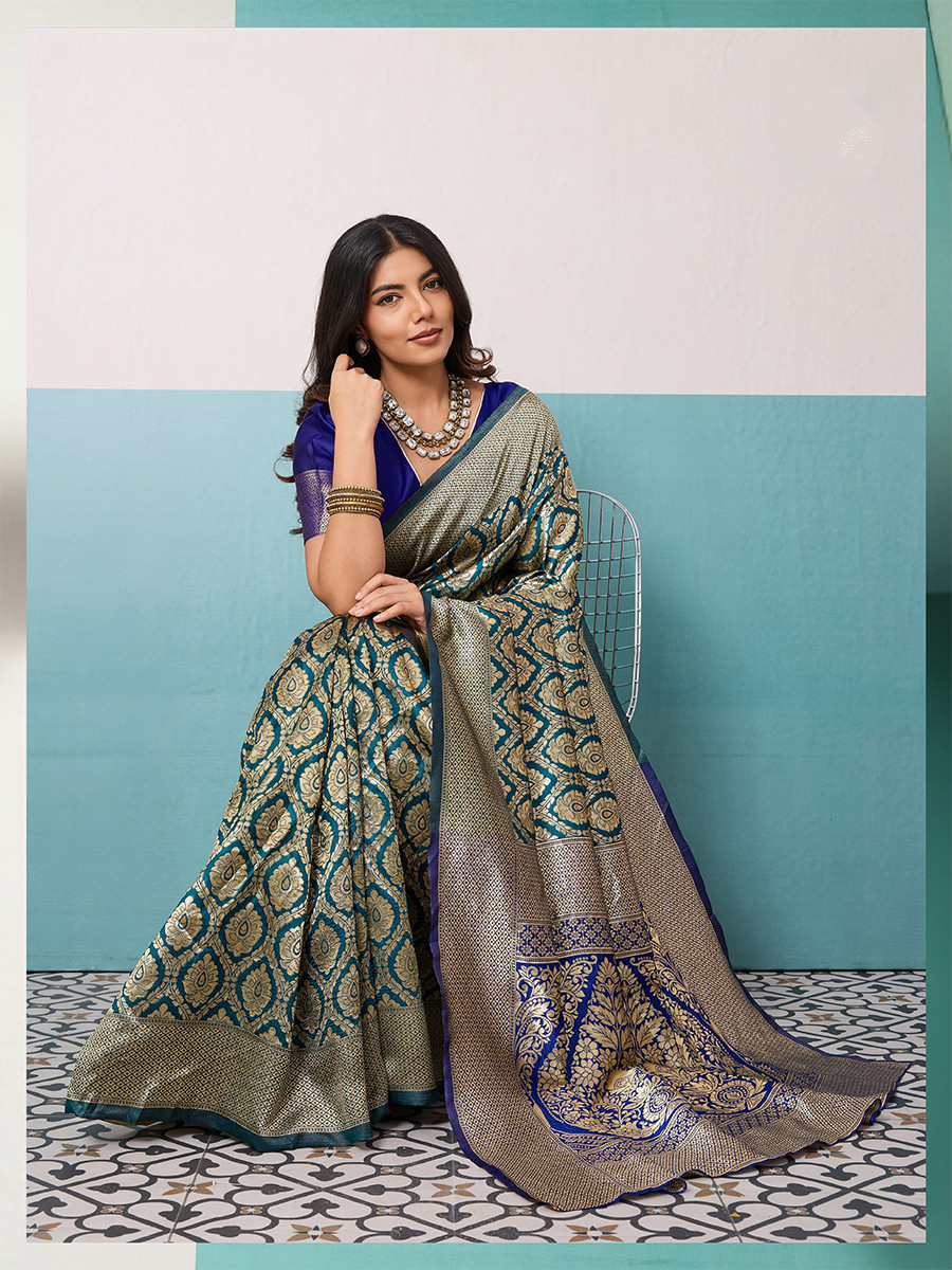 Greenish Blue Banarasi Silk Zari Kanjivaram Handwoven Wedding Party Festival Reception Heavy Border Saree