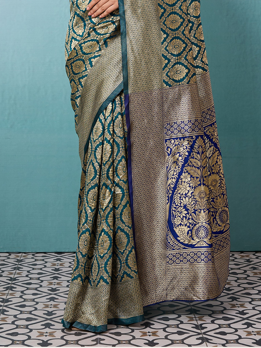 Greenish Blue Banarasi Silk Zari Kanjivaram Handwoven Wedding Party Festival Reception Heavy Border Saree