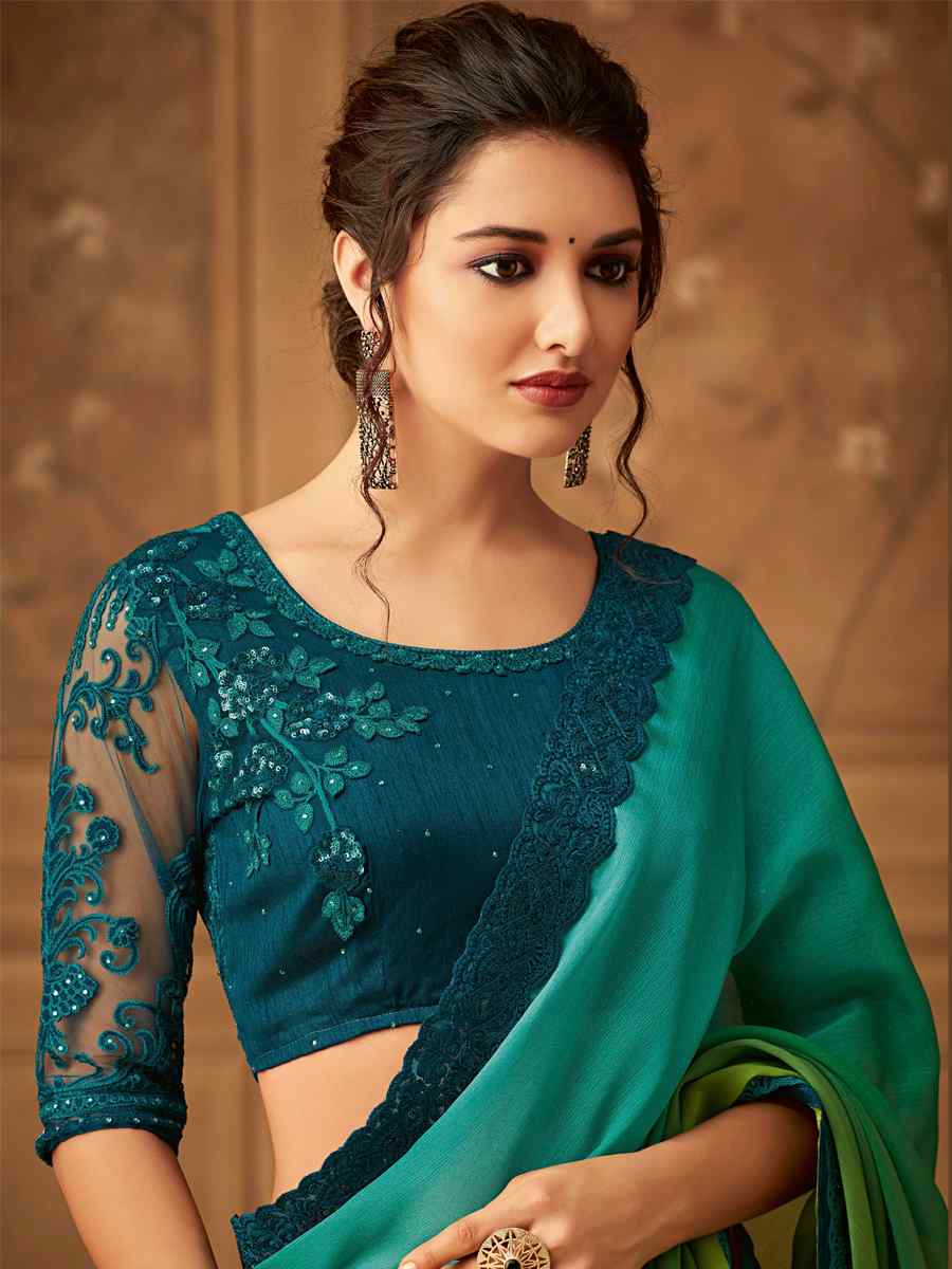 GreenSilk Chiffon Embroidered Party Festival Classic Style Saree
