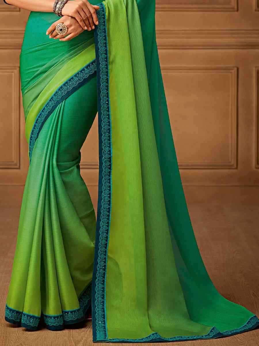 GreenSilk Chiffon Embroidered Party Festival Classic Style Saree