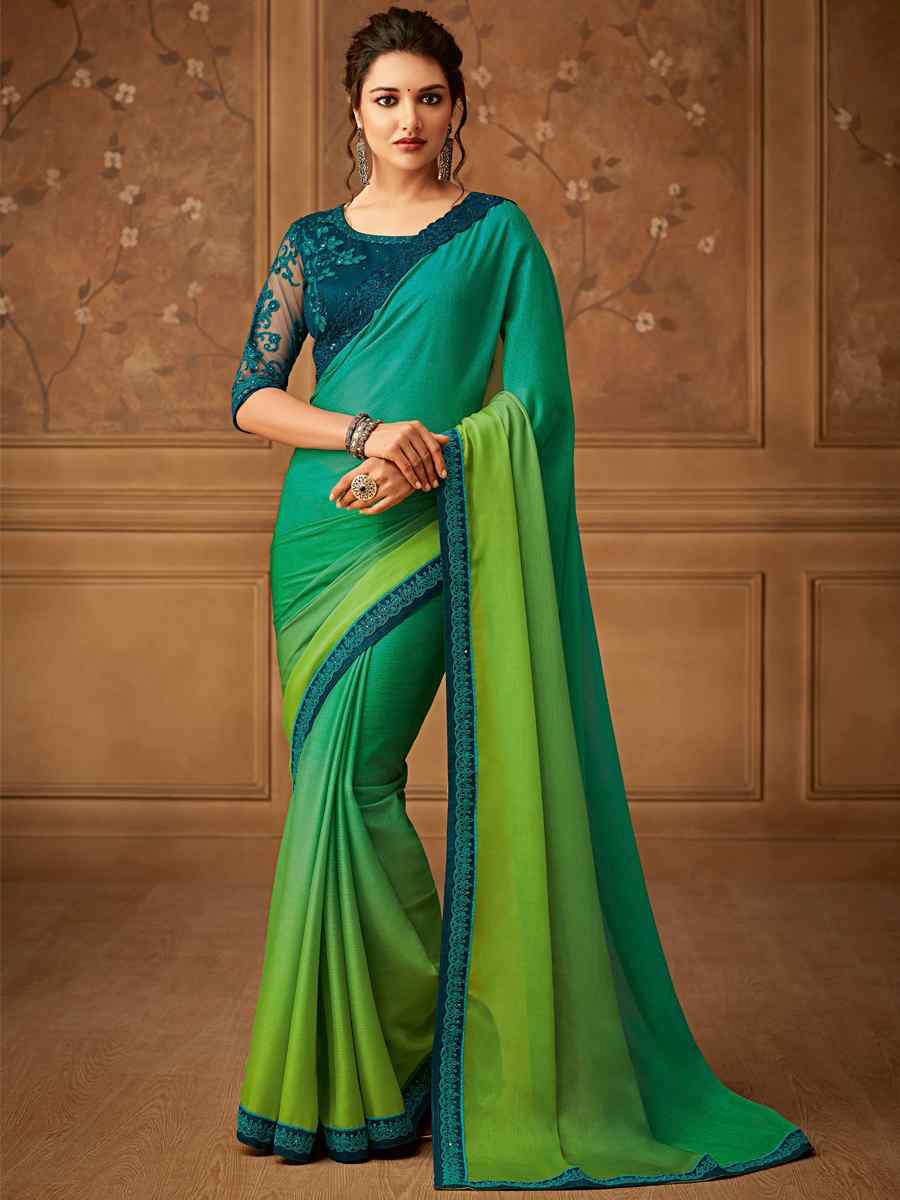 GreenSilk Chiffon Embroidered Party Festival Classic Style Saree