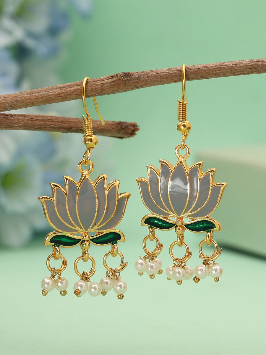 Grey Alloy Meenakari Pearls Festival Party Wedding Lotus Earrings