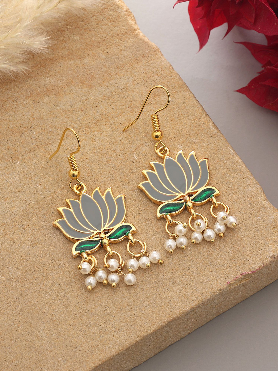 Grey Alloy Meenakari Pearls Festival Party Wedding Lotus Earrings