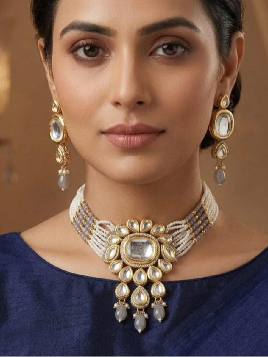 Grey Alloy Metal Gemstone Festival Party Wedding Necklace