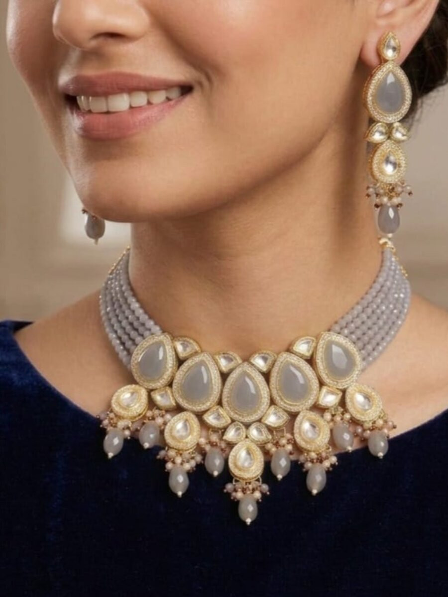 Grey Alloy Metal Gemstone Festival Party Wedding Necklace