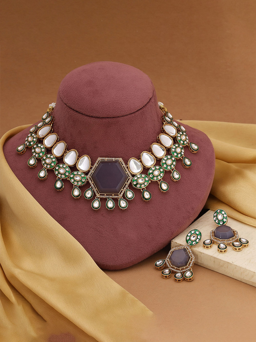 Grey Alloy Wedding Party Festival Wear Meenakari Gemstone Kundan Necklace