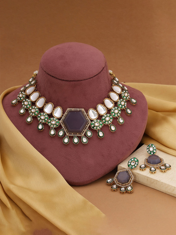 Image of Grey Alloy Wedding Party Festival Wear Meenakari Gemstone Kundan Necklace