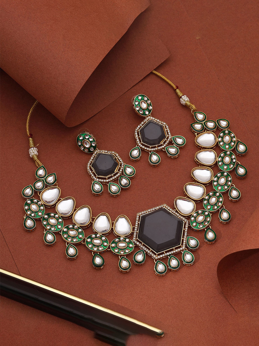 Grey Alloy Wedding Party Festival Wear Meenakari Gemstone Kundan Necklace