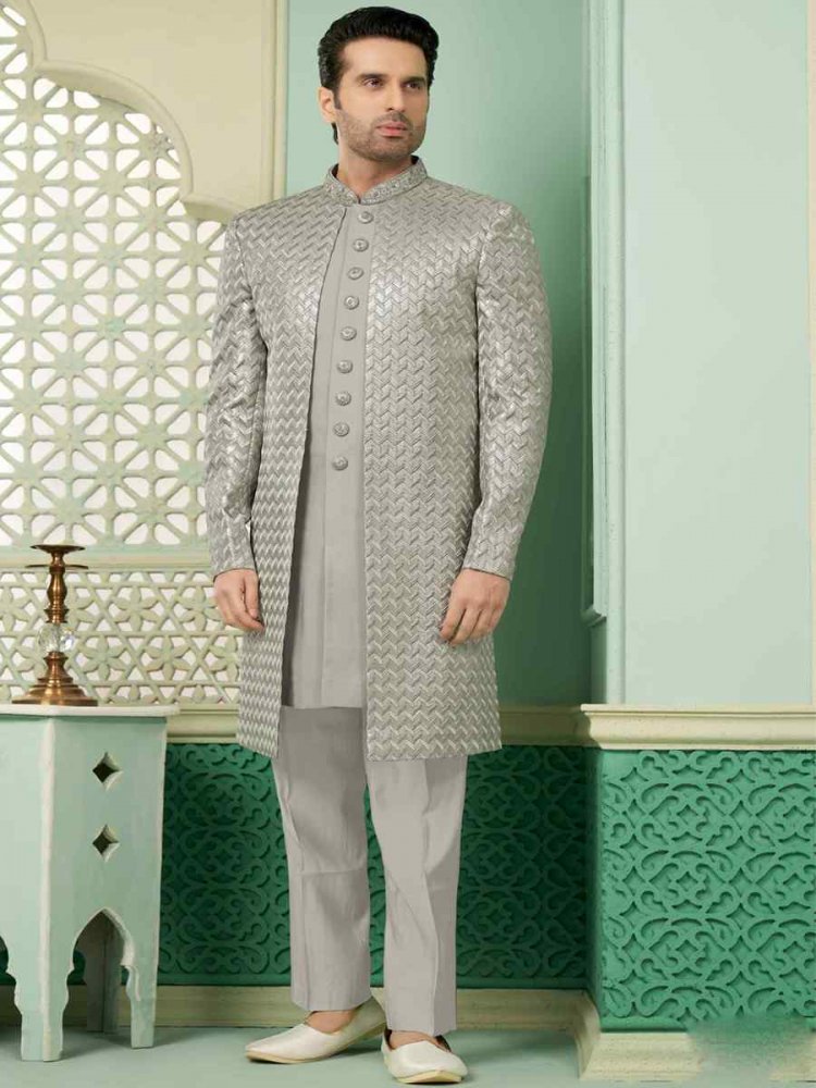 Grey Art Banarasi Silk Embroidered Festival Wedding Sherwani