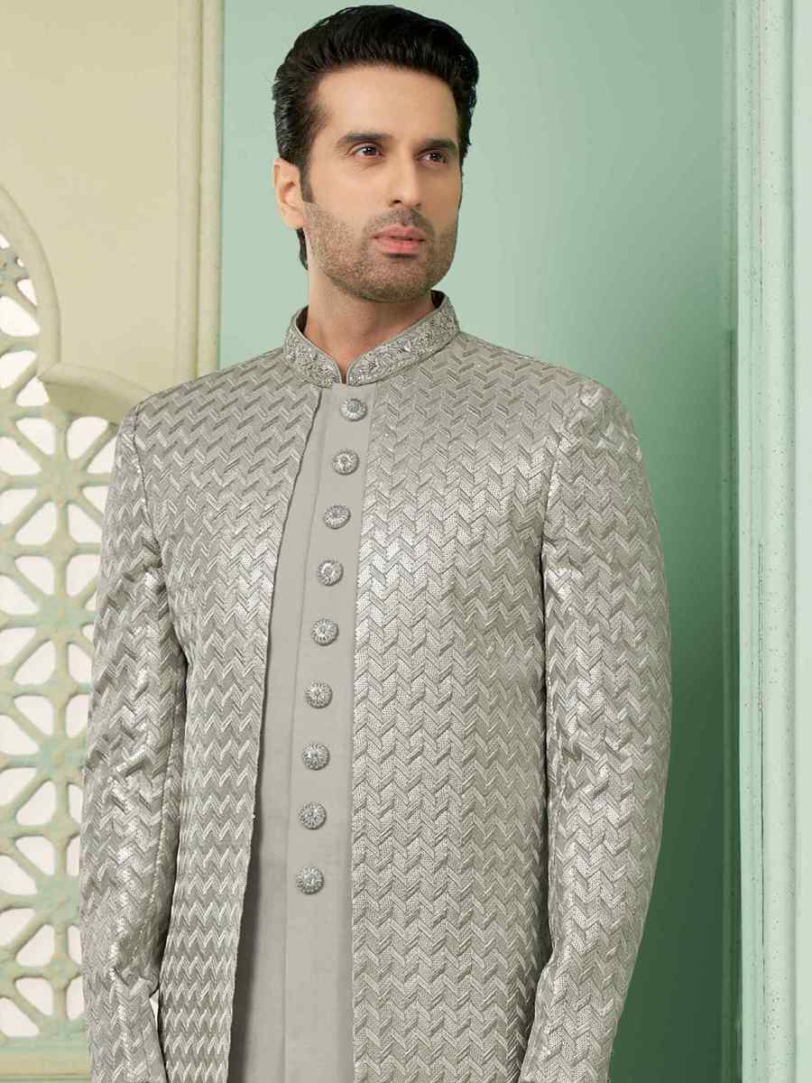 Grey Art Banarasi Silk Embroidered Festival Wedding Sherwani