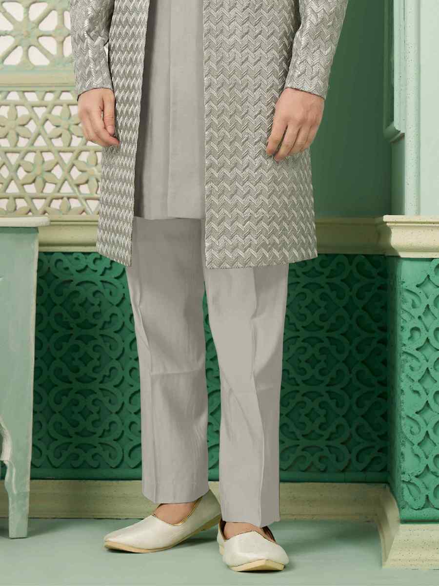 Grey Art Banarasi Silk Embroidered Festival Wedding Sherwani