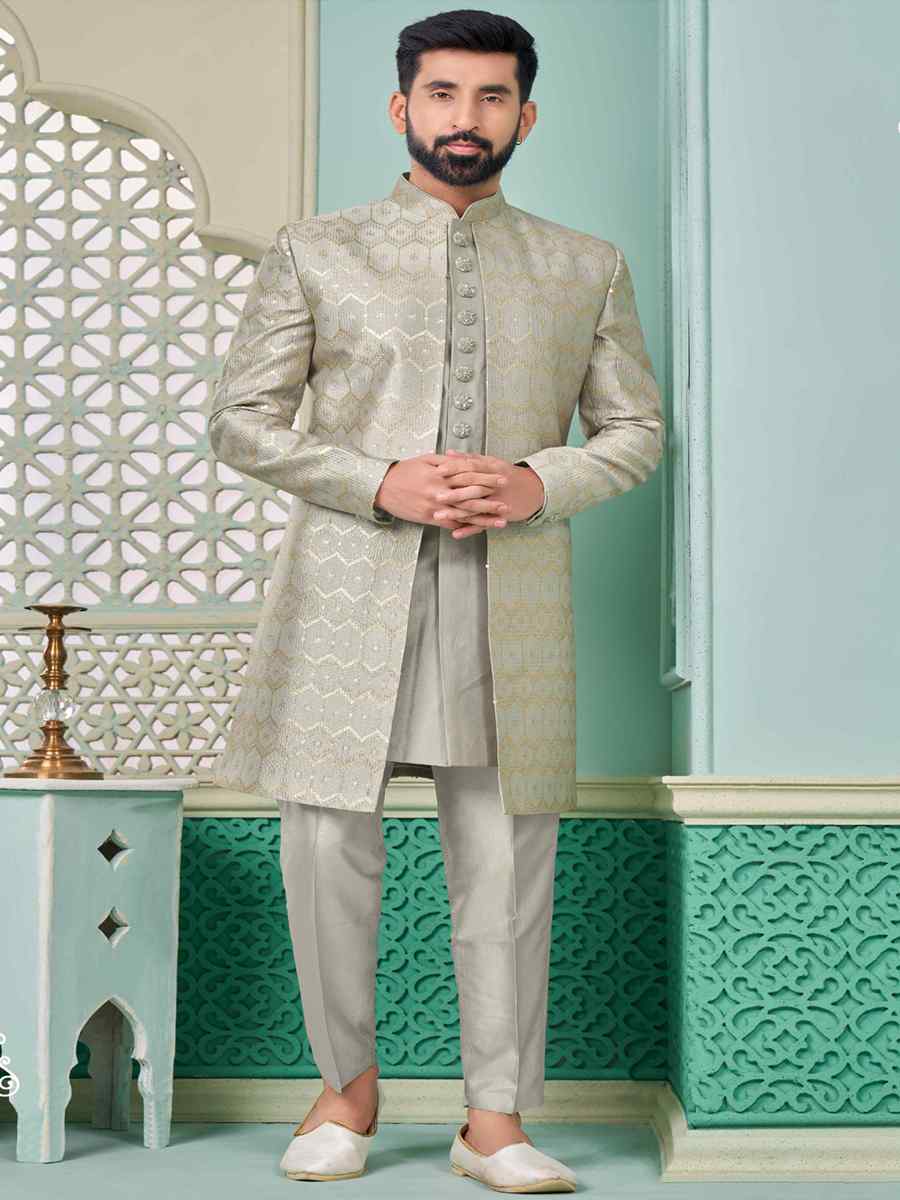 Grey Art Banarasi Silk Embroidered Festival Wedding Sherwani