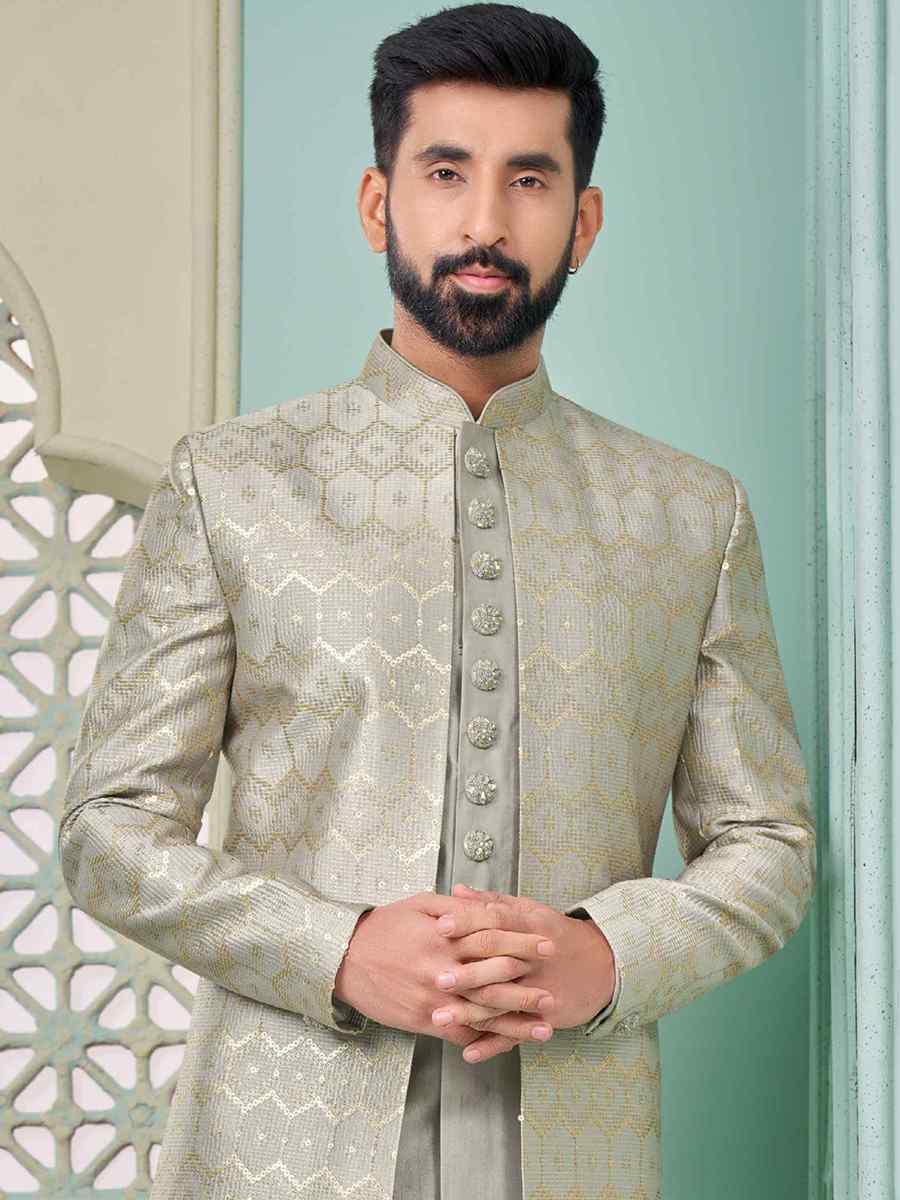 Grey Art Banarasi Silk Embroidered Festival Wedding Sherwani