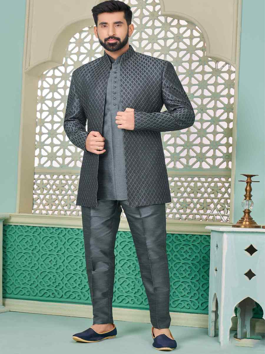 Grey Art Banarasi Silk Embroidered Festival Wedding Sherwani