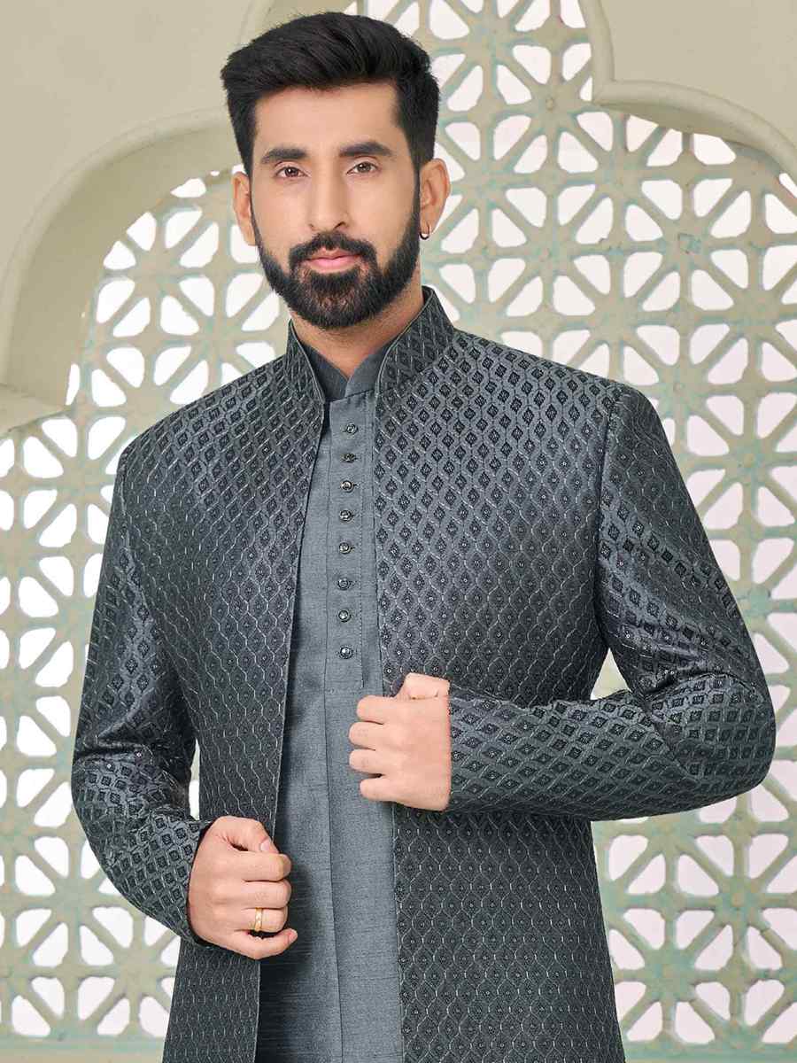 Grey Art Banarasi Silk Embroidered Festival Wedding Sherwani