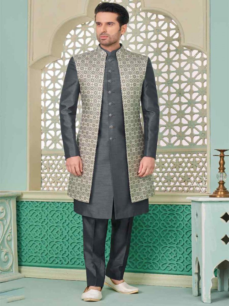 Grey Art Banarasi Silk Embroidered Festival Wedding Sherwani