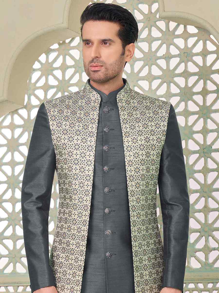 Grey Art Banarasi Silk Embroidered Festival Wedding Sherwani