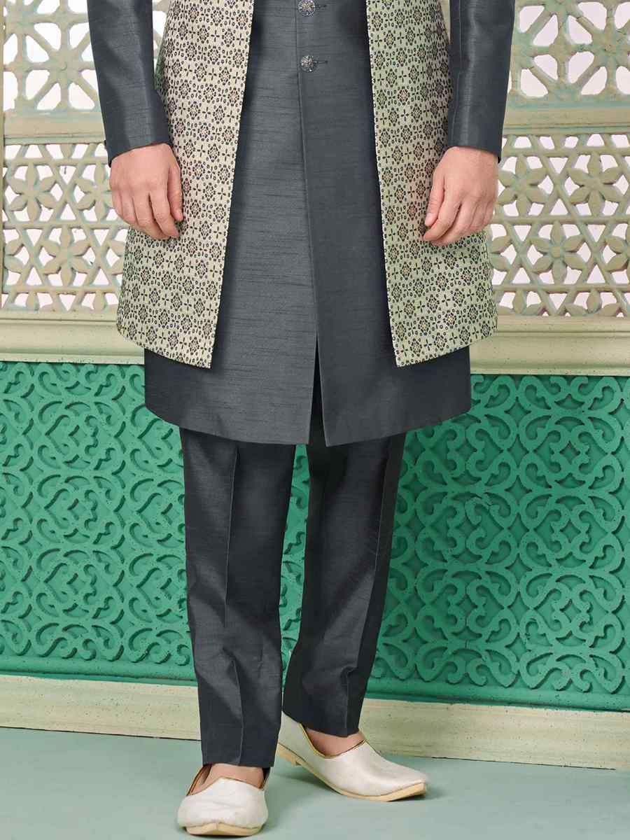 Grey Art Banarasi Silk Embroidered Festival Wedding Sherwani