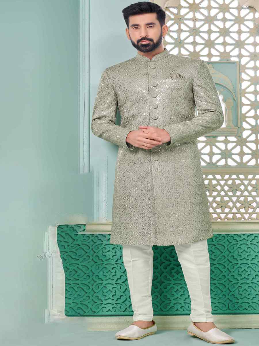 Grey Art Banarasi Silk Embroidered Festival Wedding Sherwani