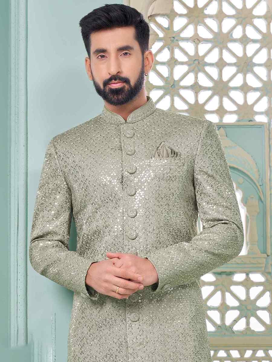 Grey Art Banarasi Silk Embroidered Festival Wedding Sherwani