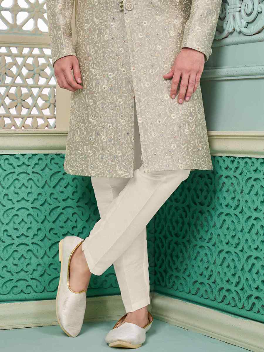 Grey Art Banarasi Silk Embroidered Festival Wedding Sherwani