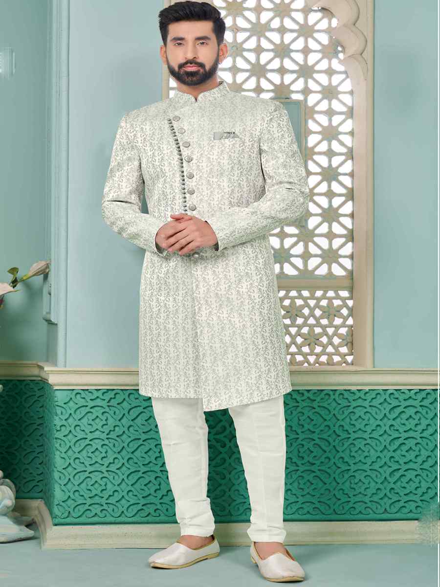 Grey Art Banarasi Silk Embroidered Festival Wedding Sherwani