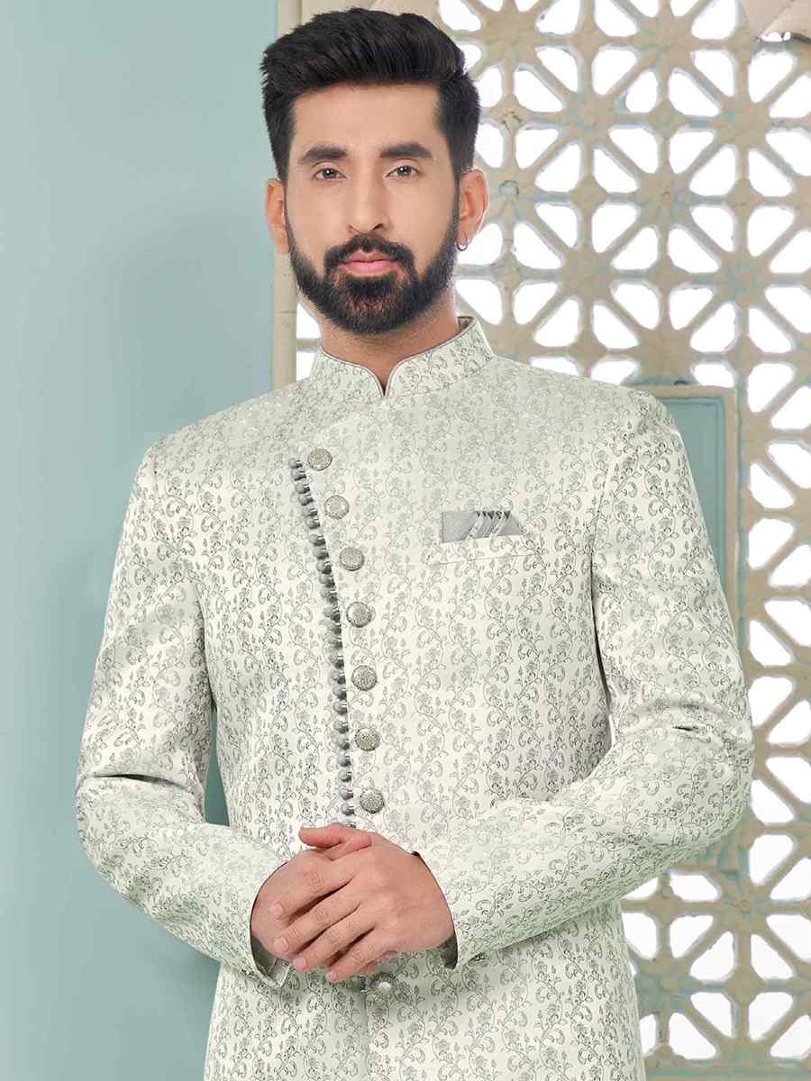 Grey Art Banarasi Silk Embroidered Festival Wedding Sherwani