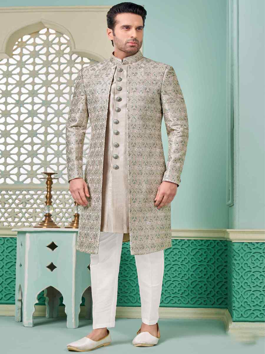 Grey Art Banarasi Silk Embroidered Festival Wedding Sherwani